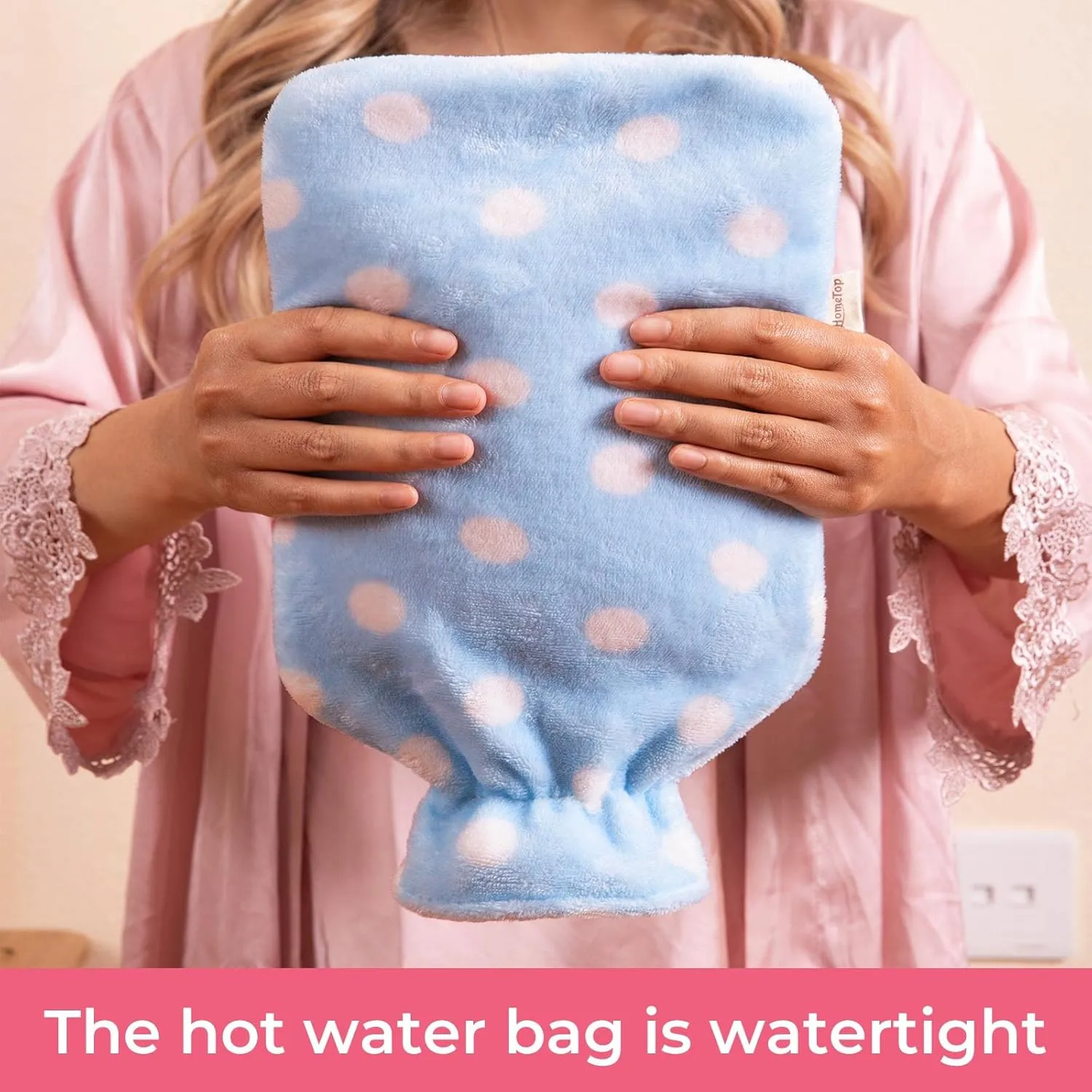 HomeTop Premium Classic Rubber Hot or Cold Water Bottle with Soft Fleece Cover (2 Liters, Blue/Blue Polka Dot)