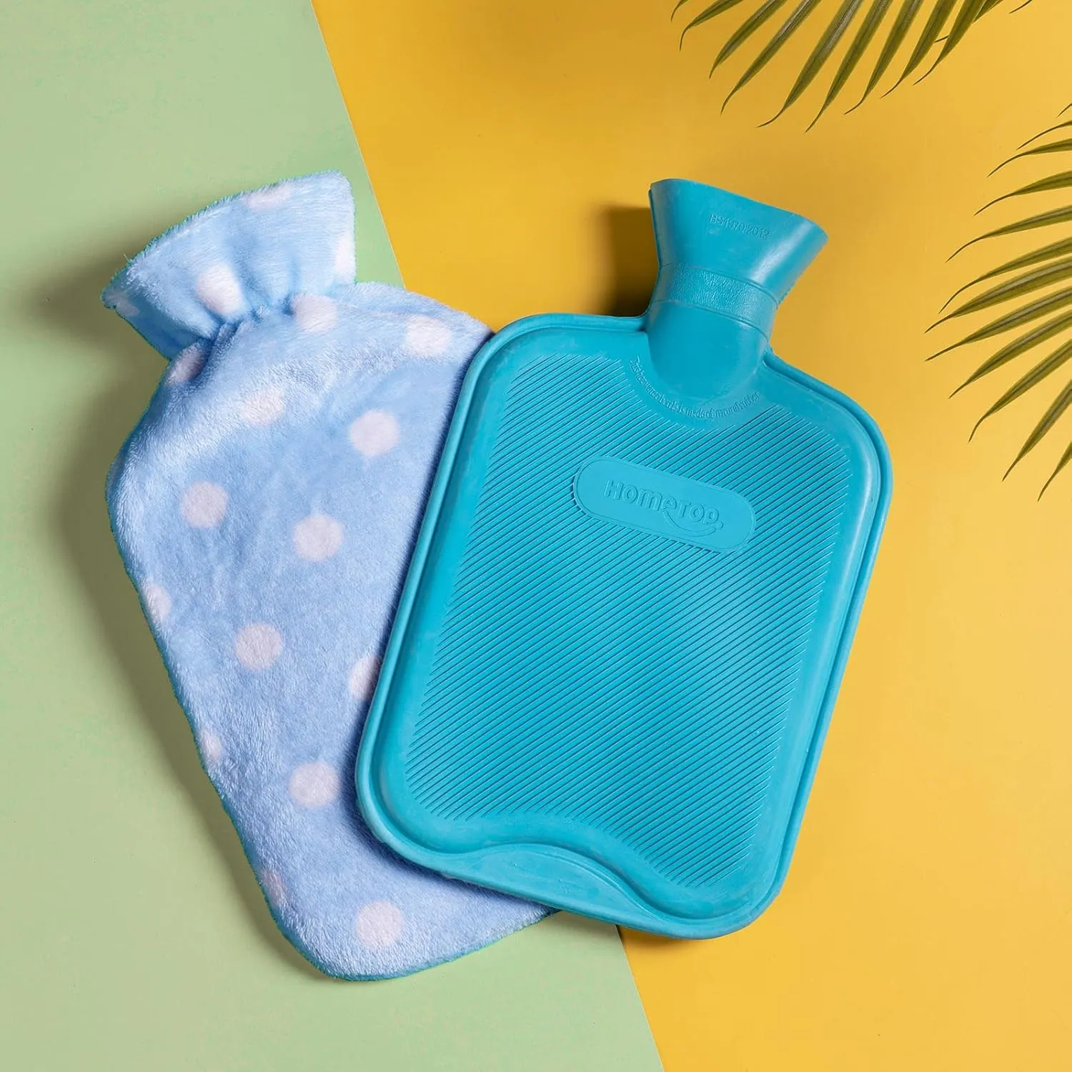 HomeTop Premium Classic Rubber Hot or Cold Water Bottle with Soft Fleece Cover (2 Liters, Blue/Blue Polka Dot)