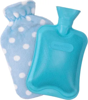 HomeTop Premium Classic Rubber Hot or Cold Water Bottle with Soft Fleece Cover (2 Liters, Blue/Blue Polka Dot)