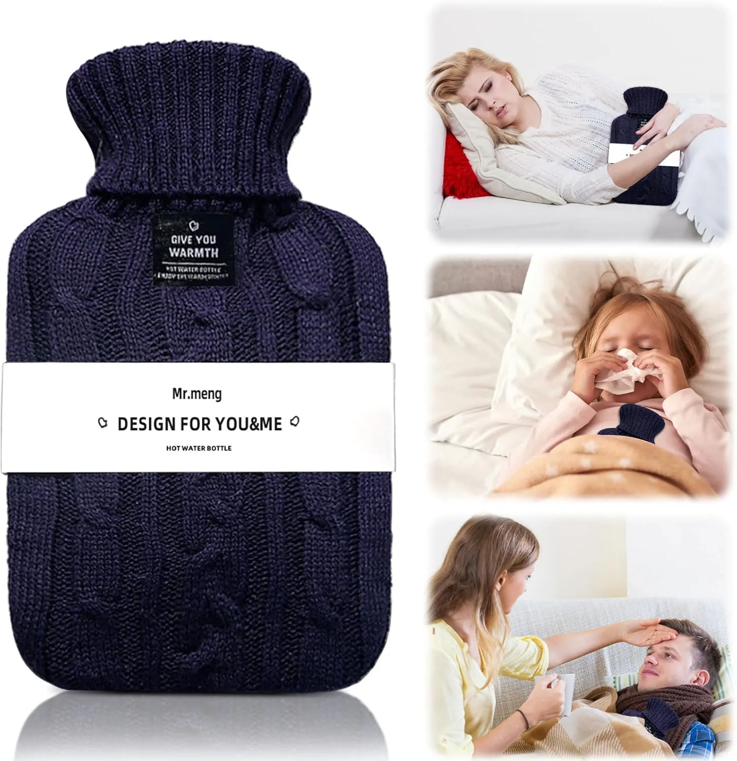 Hot Water Bottle with Knitted Cover, 2L 1L Hot Water Bag for Hot and Cold Compress, Hand Feet Warmer, Ideal for Menstrual Cramps, Neck and Shoulder Pain Relief (Blue, 2000ml)