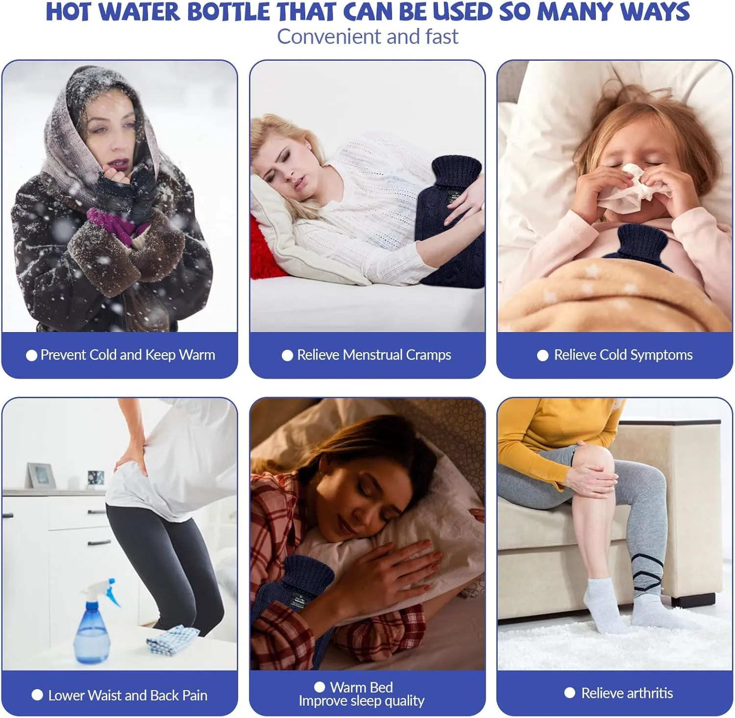 Hot Water Bottle with Knitted Cover, 2L 1L Hot Water Bag for Hot and Cold Compress, Hand Feet Warmer, Ideal for Menstrual Cramps, Neck and Shoulder Pain Relief (Blue, 2000ml)