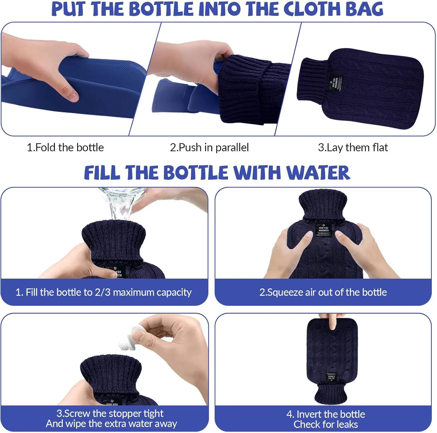 Hot Water Bottle with Knitted Cover, 2L 1L Hot Water Bag for Hot and Cold Compress, Hand Feet Warmer, Ideal for Menstrual Cramps, Neck and Shoulder Pain Relief (Blue, 2000ml)