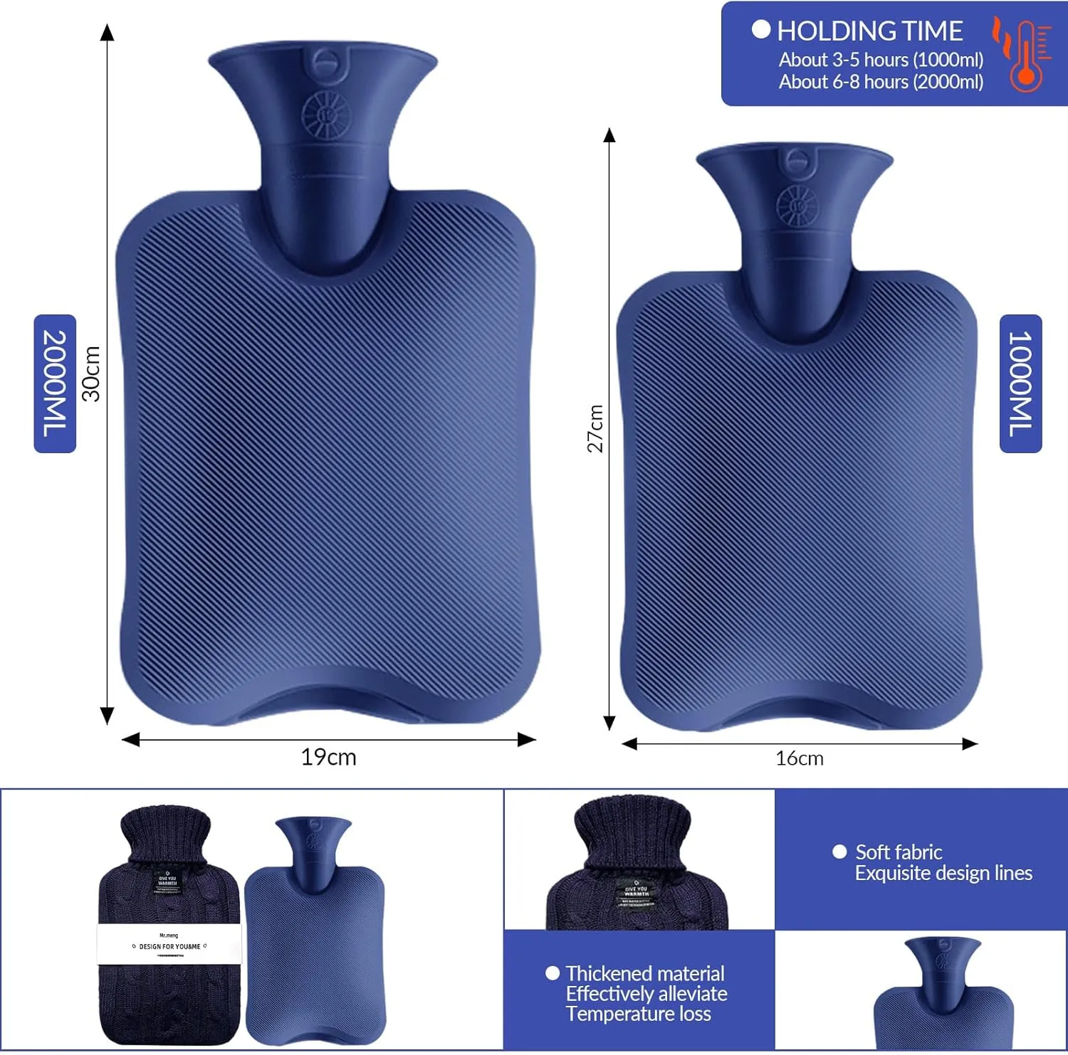 Hot Water Bottle with Knitted Cover, 2L 1L Hot Water Bag for Hot and Cold Compress, Hand Feet Warmer, Ideal for Menstrual Cramps, Neck and Shoulder Pain Relief (Blue, 2000ml)