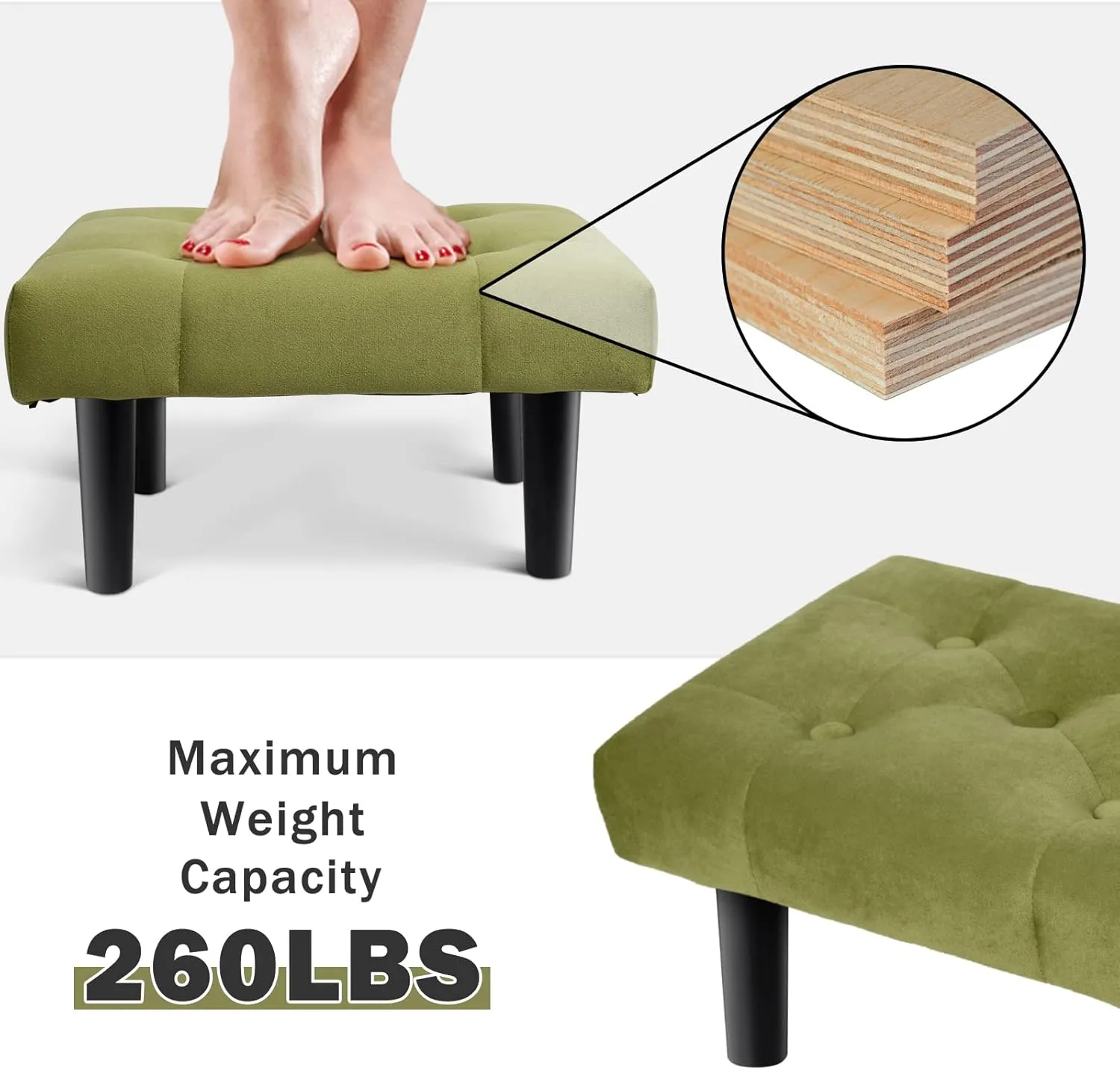 HOUCHICS Small Footstool Ottoman,Velvet Soft Footrest Ottoman with Wood Legs,Sofa Footrest Extra Seating for Living Room Entryway Office(Green 1PACK)