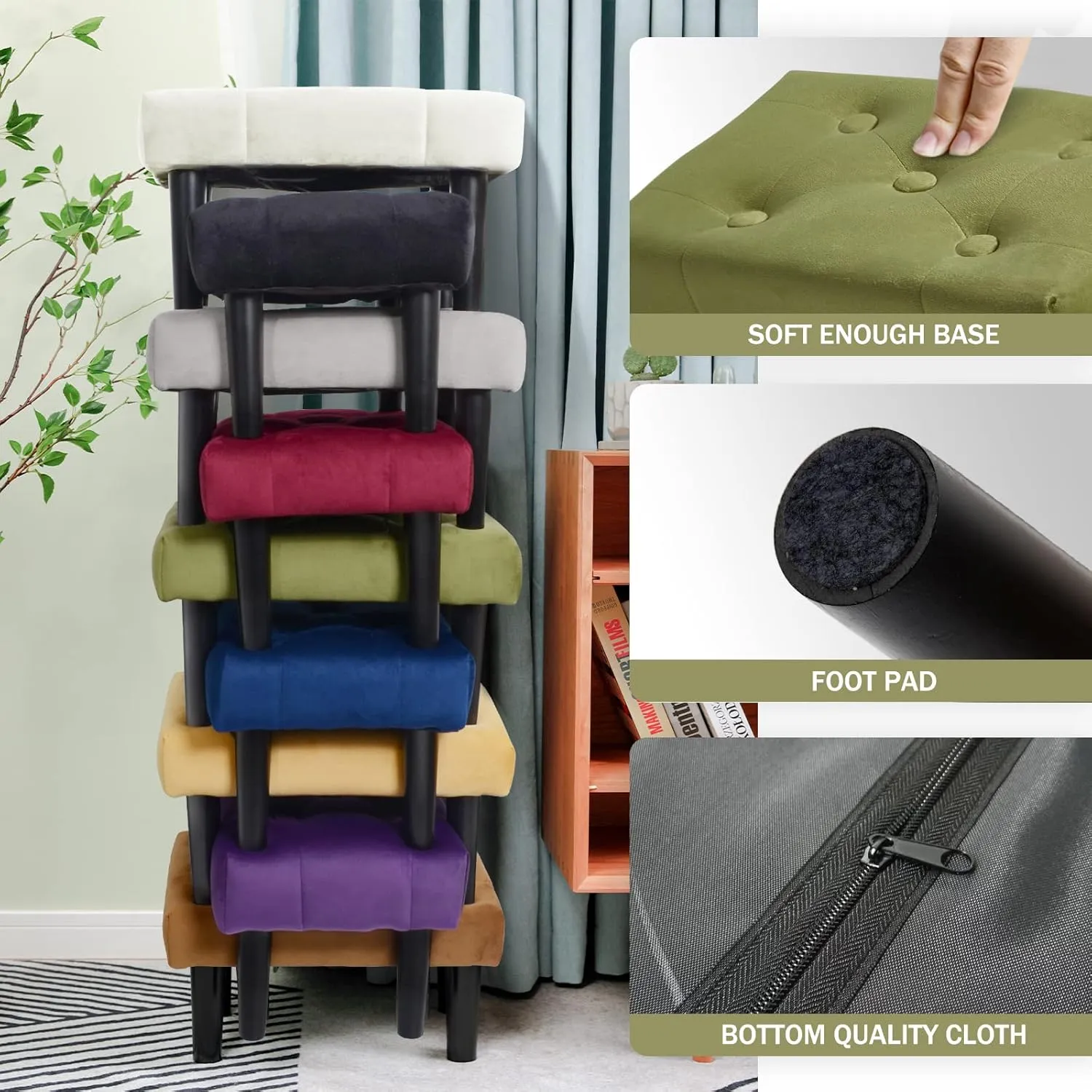HOUCHICS Small Footstool Ottoman,Velvet Soft Footrest Ottoman with Wood Legs,Sofa Footrest Extra Seating for Living Room Entryway Office(Green 1PACK)