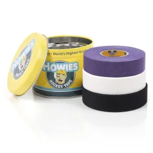 Howies 3 Pack Hockey Stick Premium Cloth Tape or Shin Tape 3-Pack You Choose Colors - Cloth (1 Inch by 24 Yards Long) Clear/Poly (1" x 30yds) with Free Tape TIN (1 Purple / 1 Blk / 1 Wht)