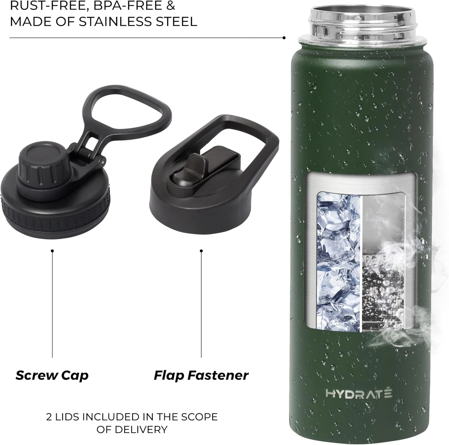 HYDRATE Water Bottle Insulated - Stainless Steel Water Bottles - Reusable Flask with Leak-Proof Design and Convenient Handle - Double Vacuum Insulated Water Bottle