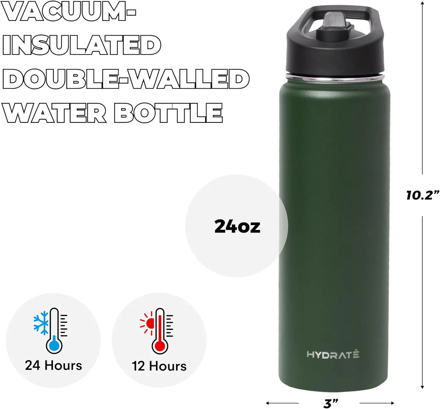 HYDRATE Water Bottle Insulated - Stainless Steel Water Bottles - Reusable Flask with Leak-Proof Design and Convenient Handle - Double Vacuum Insulated Water Bottle