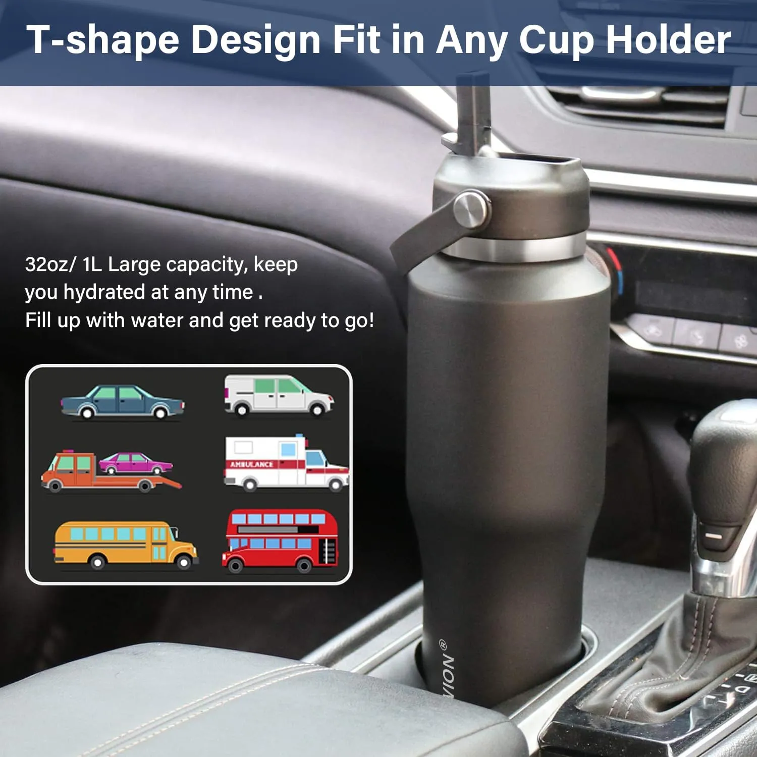 HYDROWION Water Bottle Insulated (Cold 48 hrs, Hot 24 hrs) 40 oz Stainless Steel Water Tumbler with Leak Proof Straw Lid, Spout Lid and Flex Cap,Double Wall Travel Tumbler Cup, Black&Grey