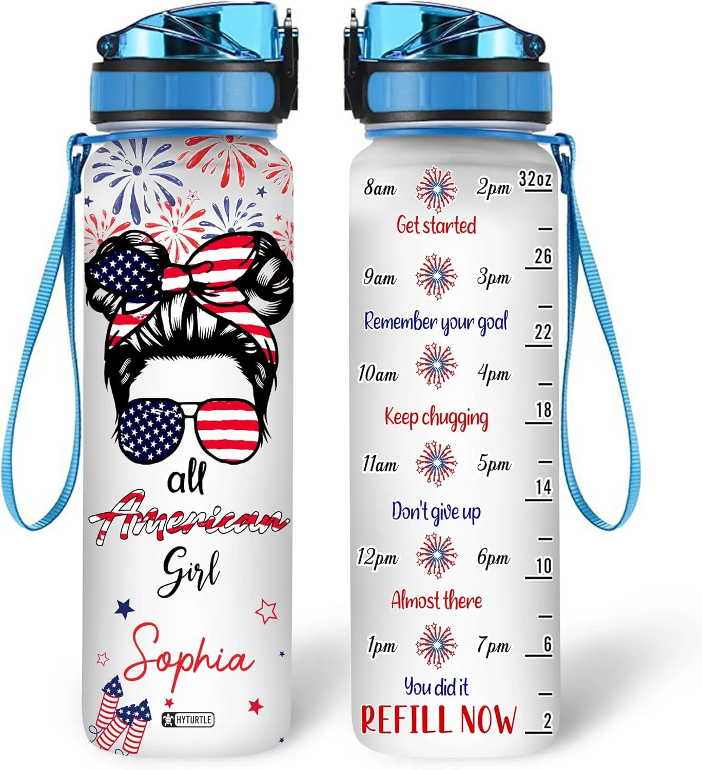 Hyturtle Personalized All American Girl Flag Firework Bun Hair Girl 32oz Liter Motivational Water Bottle, Customized Name With Time Marker, Gifts For Women On Birthday, Independence Day, 4th Of July