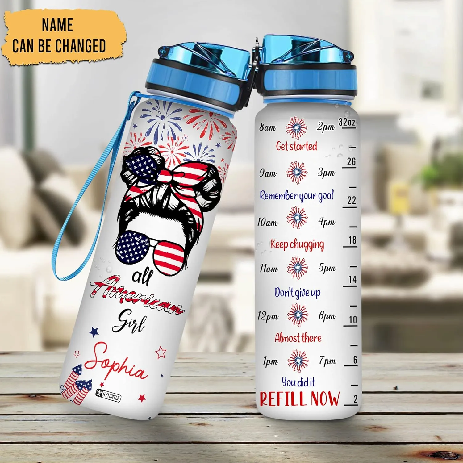 Hyturtle Personalized All American Girl Flag Firework Bun Hair Girl 32oz Liter Motivational Water Bottle, Customized Name With Time Marker, Gifts For Women On Birthday, Independence Day, 4th Of July