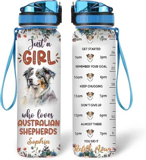 Hyturtle Personalized Australian Shepherd Dog Lovers 32 Oz 1Liter Motivational Water Bottle With Time Marker, Just A Girl Who Loves Dogs, Animal Lovers Gifts For Women, Girl On Birthday, Christmas