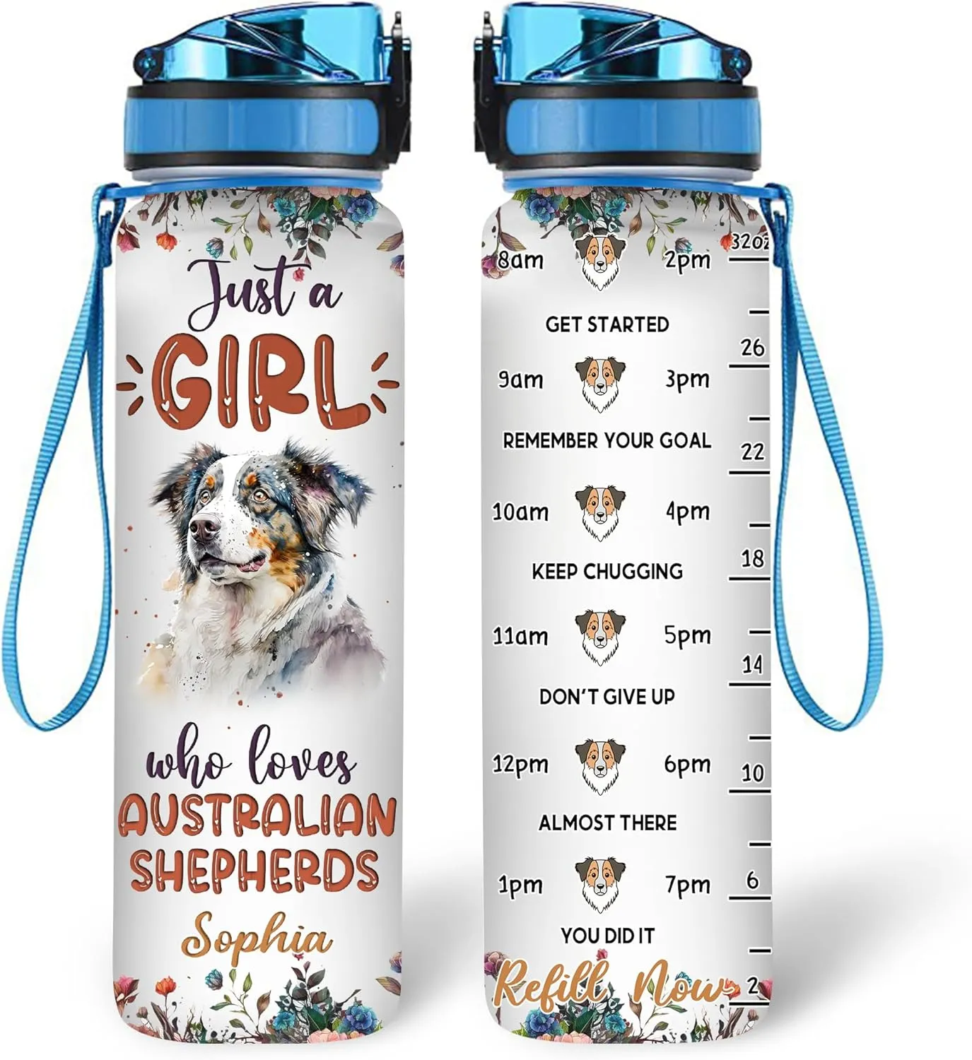 Hyturtle Personalized Australian Shepherd Dog Lovers 32 Oz 1Liter Motivational Water Bottle With Time Marker, Just A Girl Who Loves Dogs, Animal Lovers Gifts For Women, Girl On Birthday, Christmas
