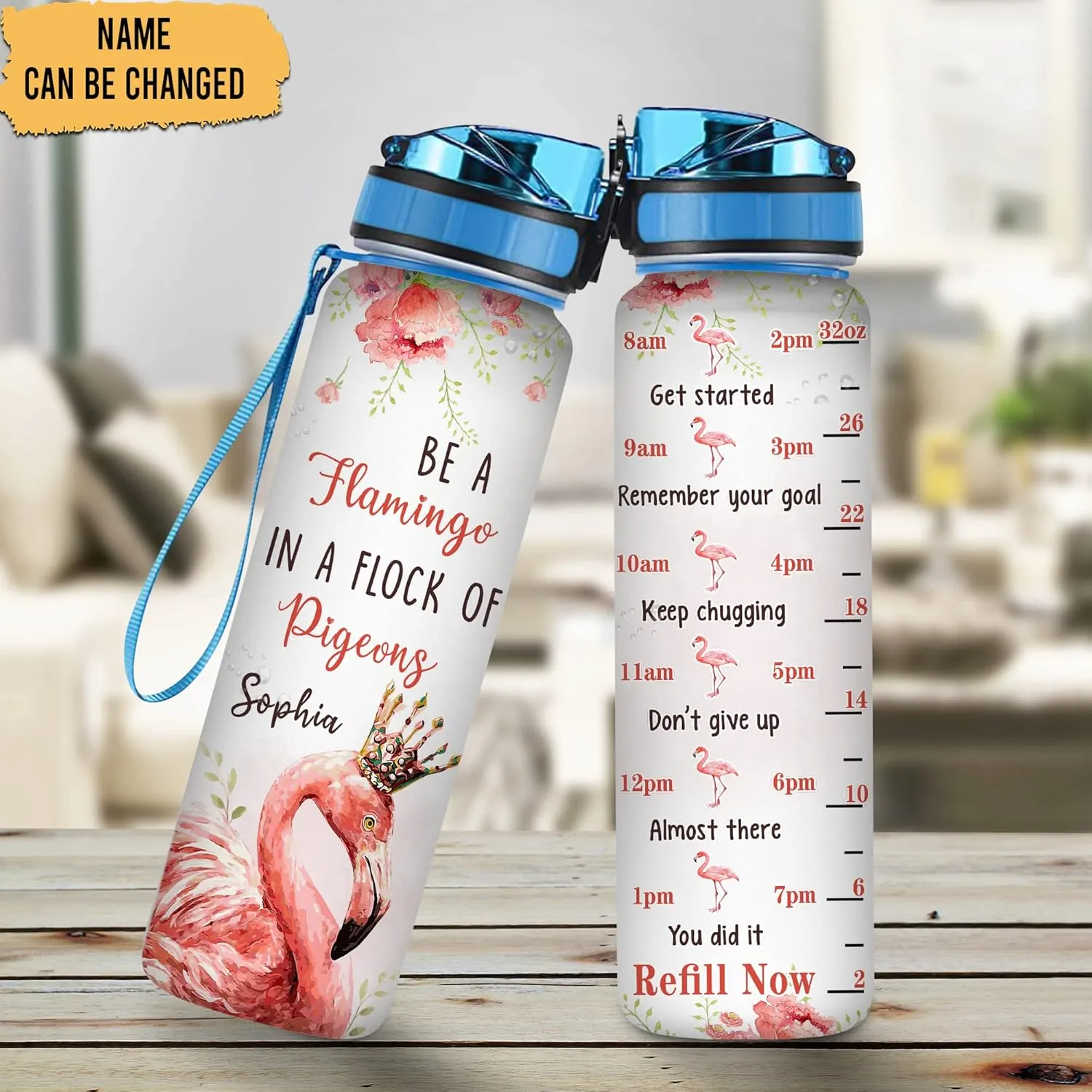 Hyturtle Personalized Be A Flamingo In A Flock Of Pigeons32oz Liter Motivational Water Bottle, Customized Name Tracking Water Bottle Gifts For Women, Friend, Flamingo Lovers On Birthday, Anniversary