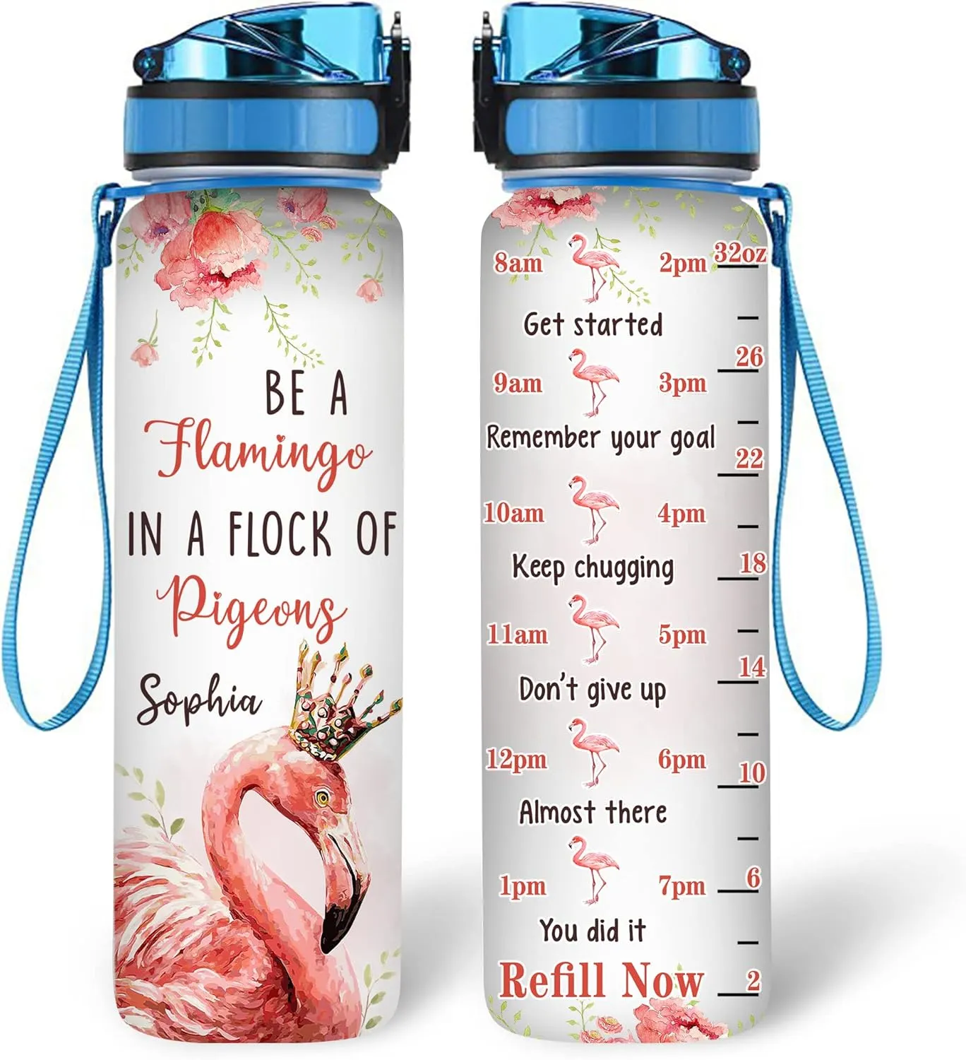 Hyturtle Personalized Be A Flamingo In A Flock Of Pigeons32oz Liter Motivational Water Bottle, Customized Name Tracking Water Bottle Gifts For Women, Friend, Flamingo Lovers On Birthday, Anniversary
