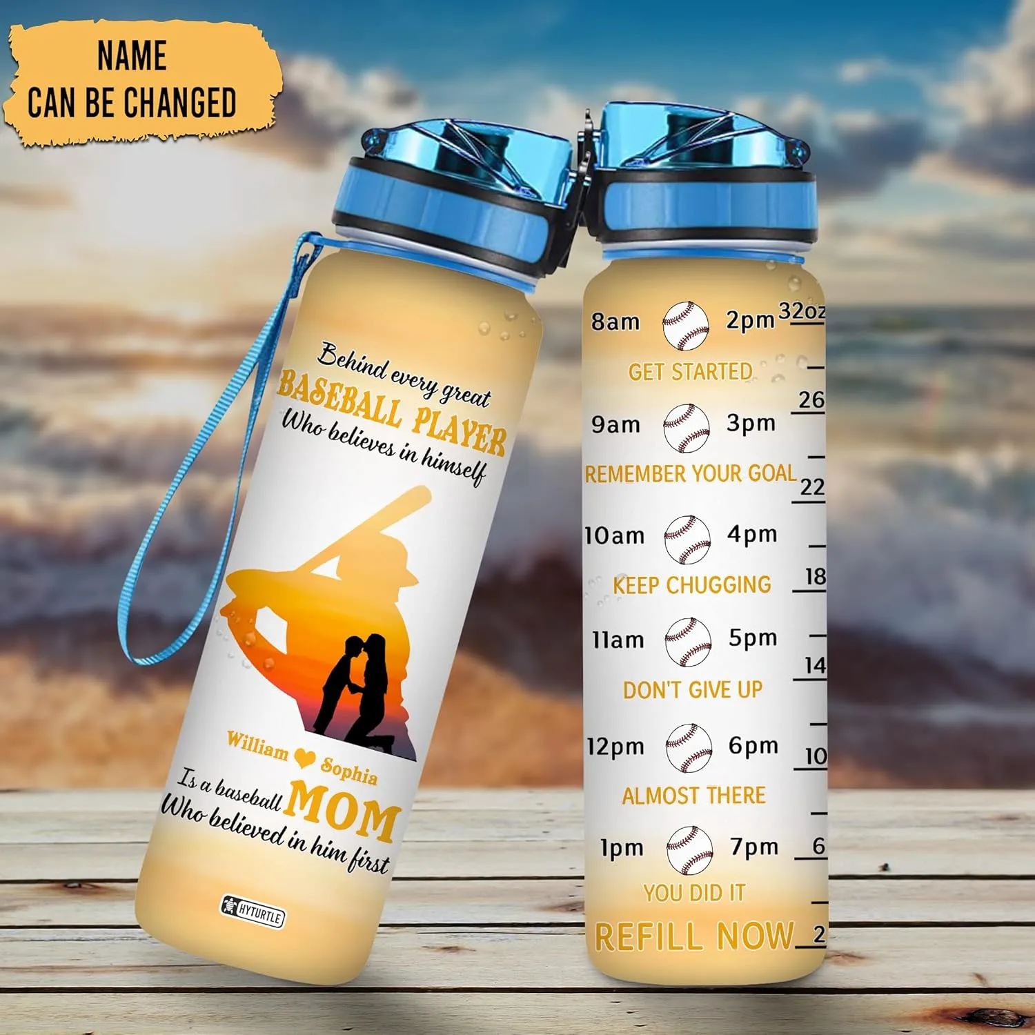 Hyturtle Personalized Behind Every Great Baseball Player 32oz Liter Motivational Water Bottle, Customized Name Tracking Water Bottle Gifts For Mom, Women, Son, Baseball Lover On Birthday Mother's Day