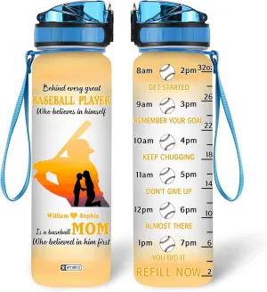 Hyturtle Personalized Behind Every Great Baseball Player 32oz Liter Motivational Water Bottle, Customized Name Tracking Water Bottle Gifts For Mom, Women, Son, Baseball Lover On Birthday Mother's Day