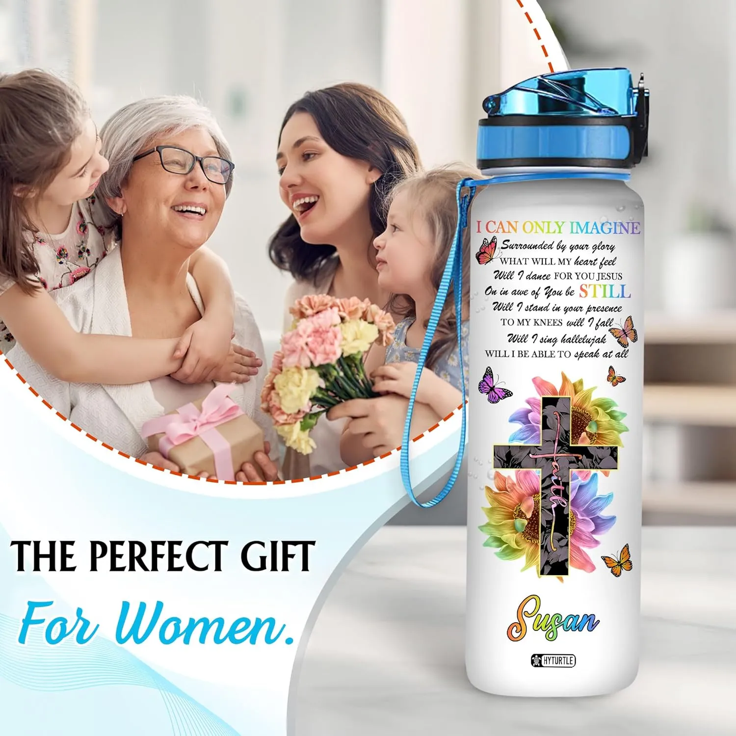 Hyturtle Personalized Butterfly Water Bottle - 32oz Motivational Water Bottle with Leak-Proof Lid & Time Marker - Custom Name Gift for Butterfly Christ Lovers Women - Birthday & Christmas Gift