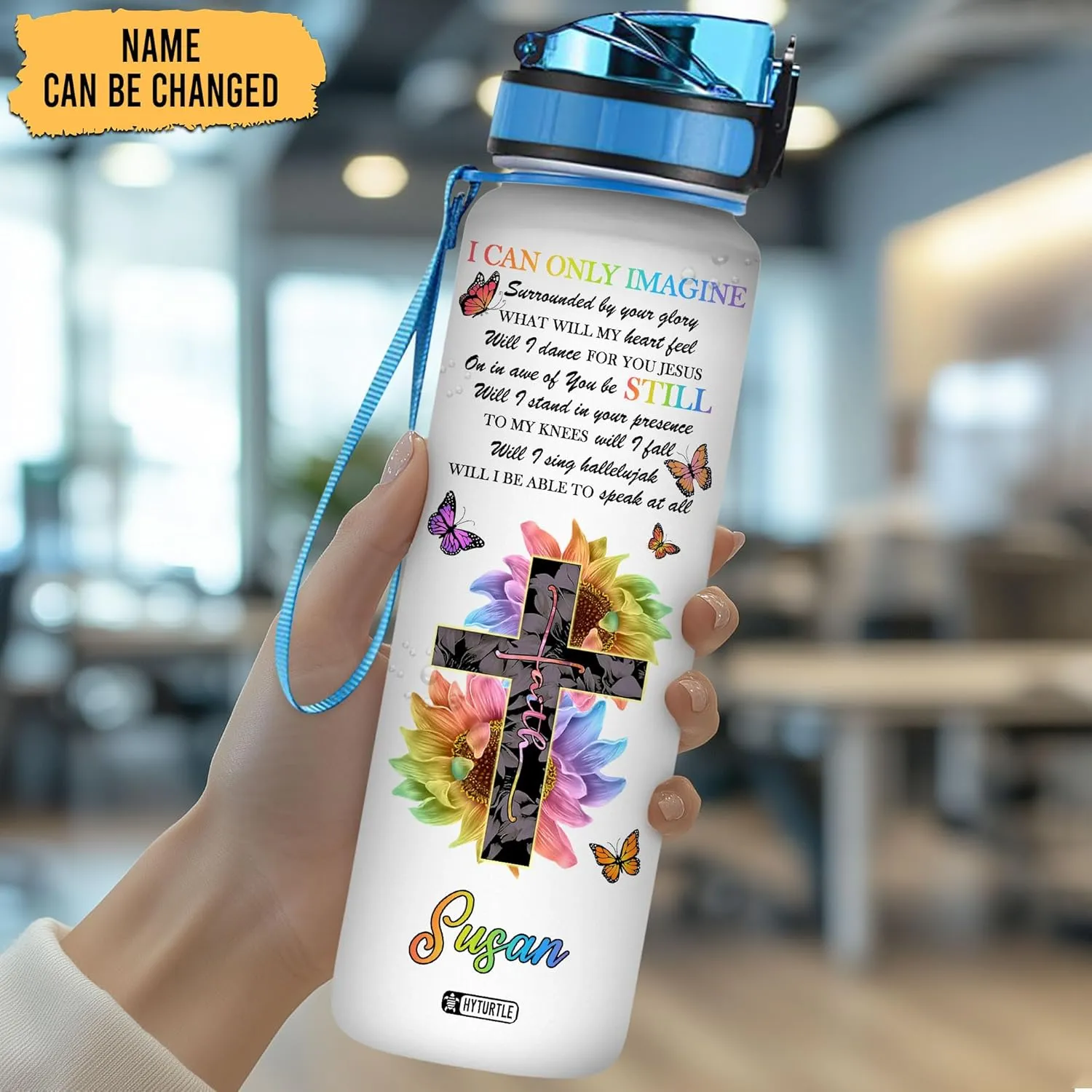Hyturtle Personalized Butterfly Water Bottle - 32oz Motivational Water Bottle with Leak-Proof Lid & Time Marker - Custom Name Gift for Butterfly Christ Lovers Women - Birthday & Christmas Gift