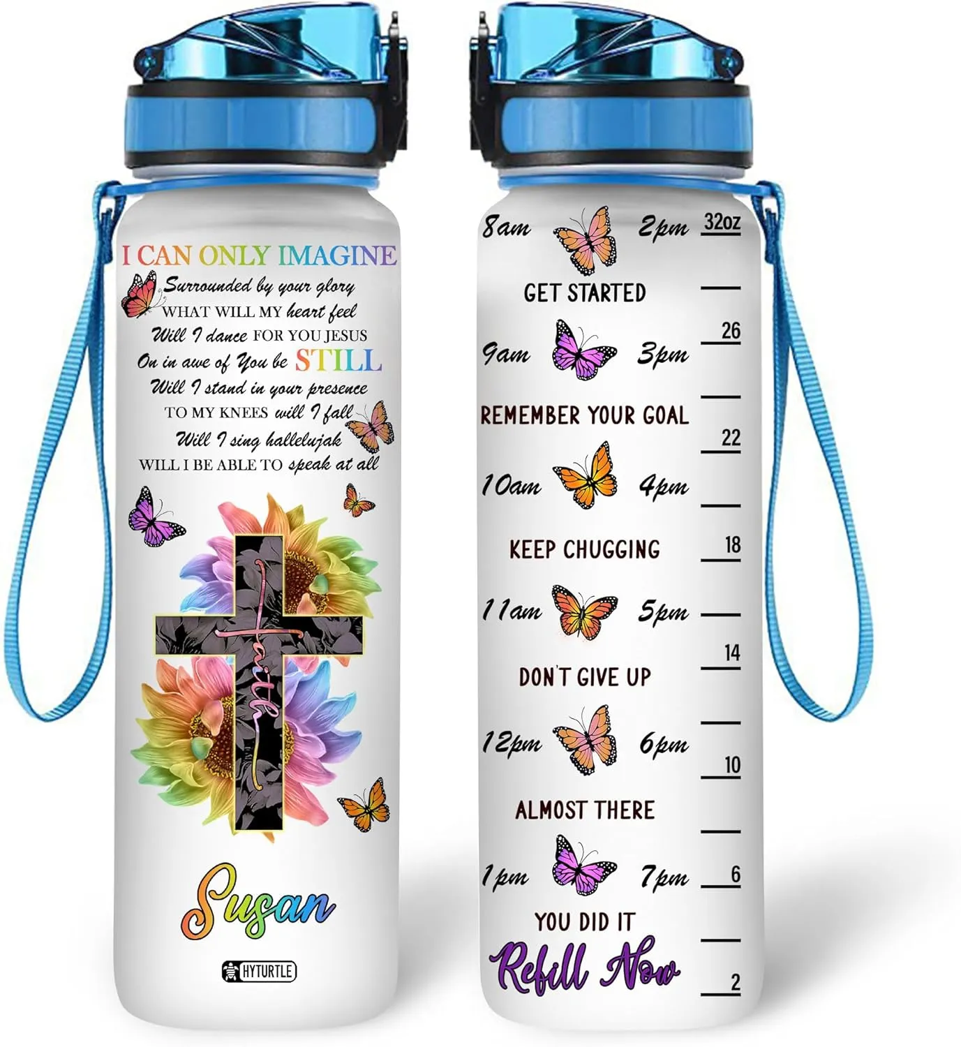 Hyturtle Personalized Butterfly Water Bottle - 32oz Motivational Water Bottle with Leak-Proof Lid & Time Marker - Custom Name Gift for Butterfly Christ Lovers Women - Birthday & Christmas Gift