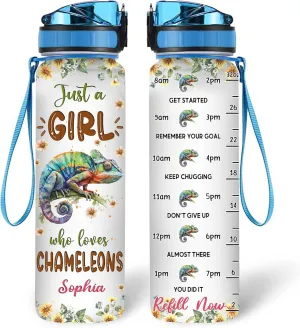 Hyturtle Personalized Chameleon Lovers 32 Oz 1Liter Motivational Water Bottle With Time Marker, Just A Girl Who Loves Chameleons, Animal Lovers Gifts For Women, Girl On Birthday, Christmas