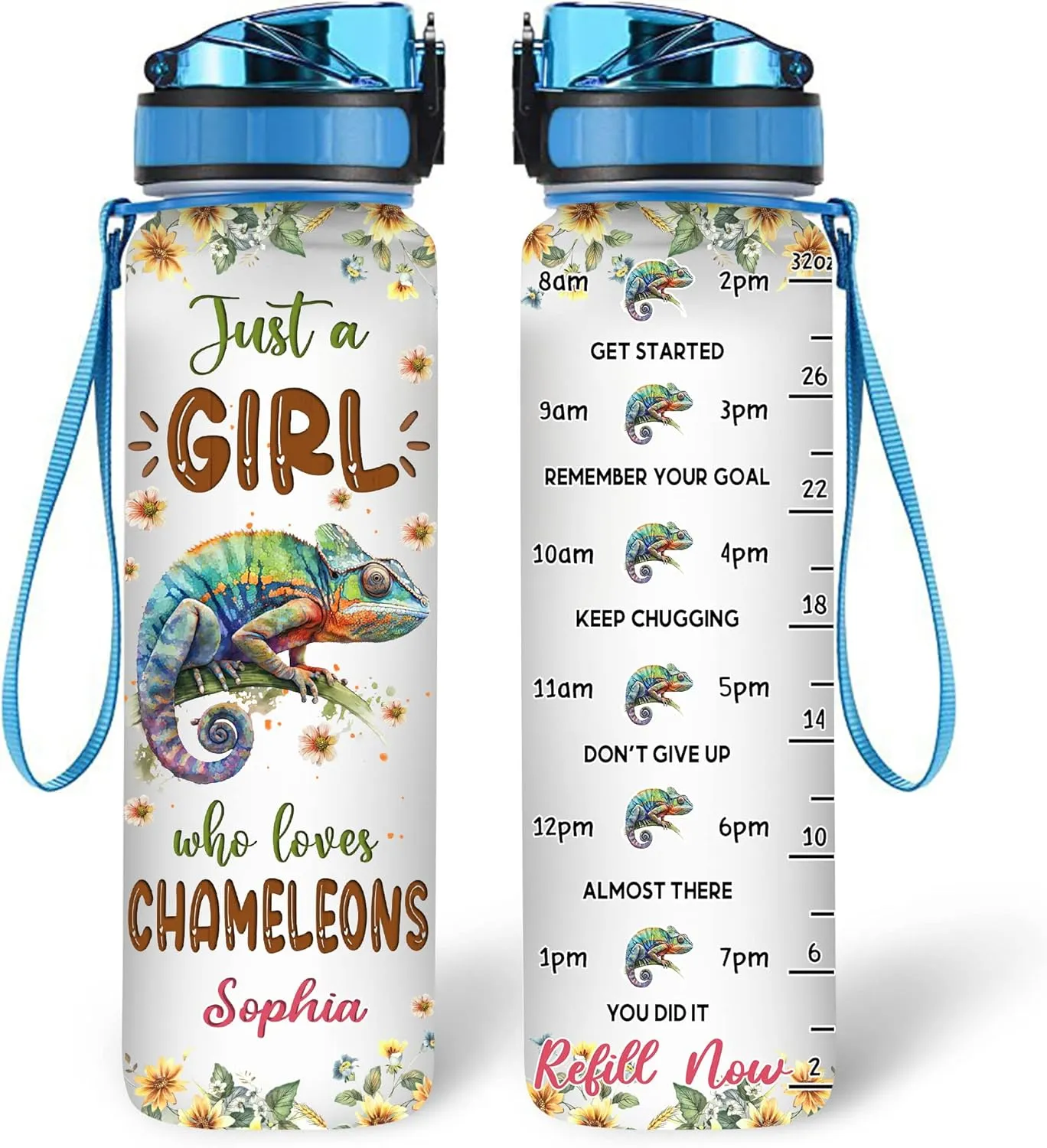 Hyturtle Personalized Chameleon Lovers 32 Oz 1Liter Motivational Water Bottle With Time Marker, Just A Girl Who Loves Chameleons, Animal Lovers Gifts For Women, Girl On Birthday, Christmas