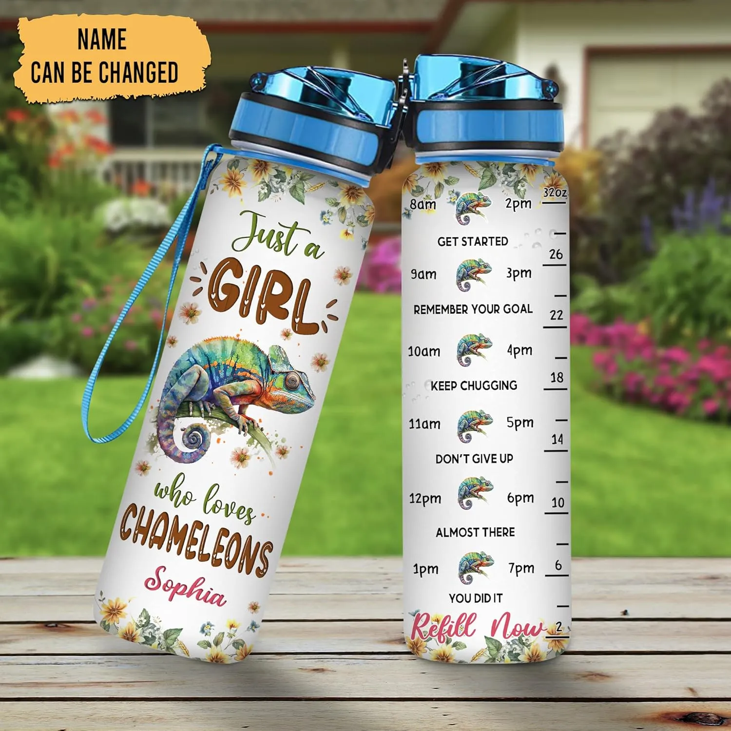 Hyturtle Personalized Chameleon Lovers 32 Oz 1Liter Motivational Water Bottle With Time Marker, Just A Girl Who Loves Chameleons, Animal Lovers Gifts For Women, Girl On Birthday, Christmas