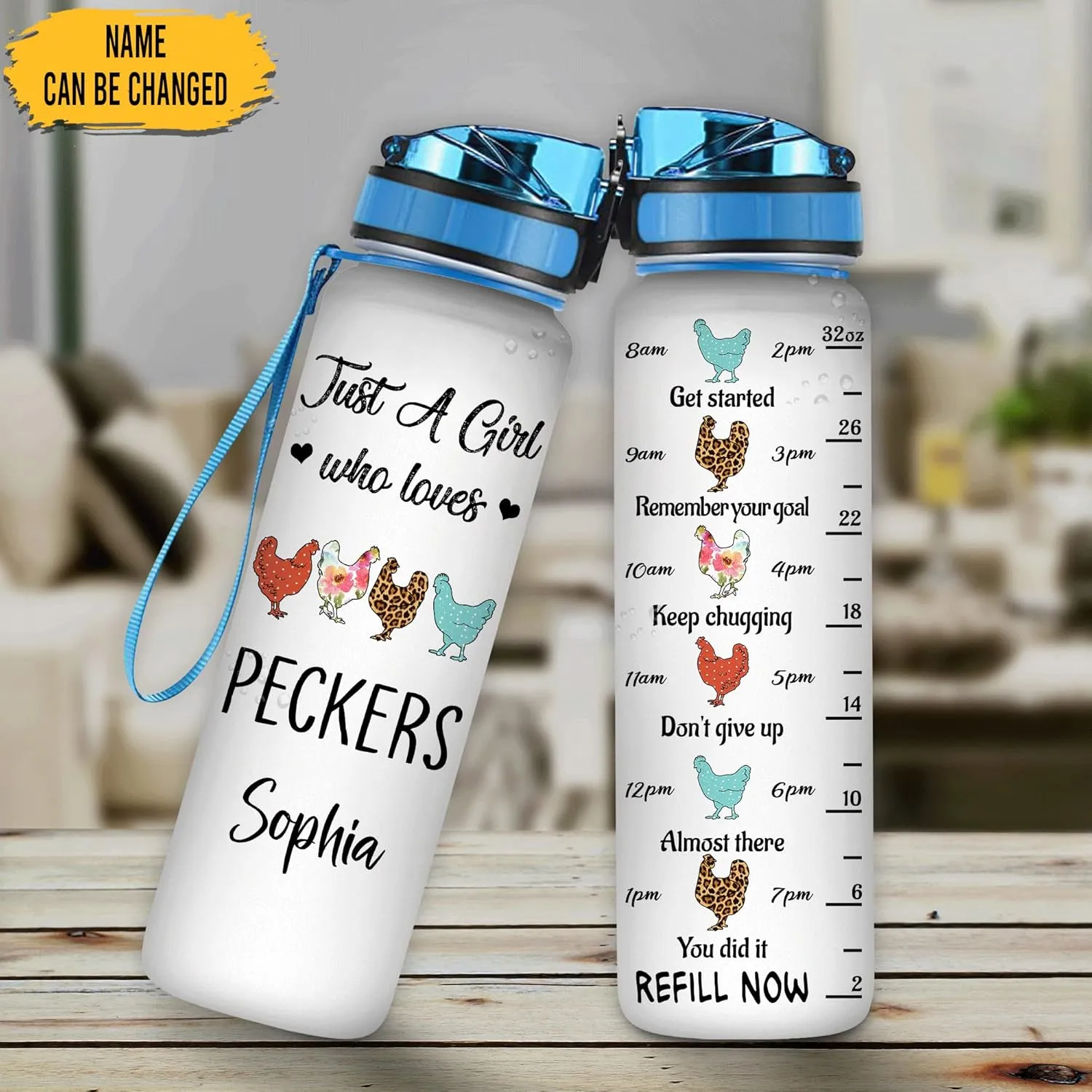 Hyturtle Personalized Chicken Gift For Women - Just A Girl Who Loves Peckers Customized Name 32oz 1Liter Motivational Water Bottle, Animal Farm lovers Gift For Mom Girl Women On Christmas, Birthday