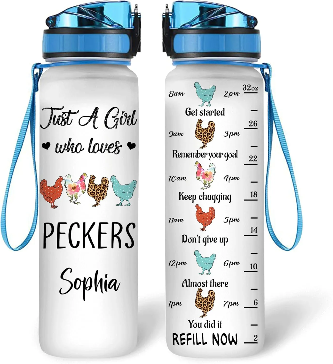 Hyturtle Personalized Chicken Gift For Women - Just A Girl Who Loves Peckers Customized Name 32oz 1Liter Motivational Water Bottle, Animal Farm lovers Gift For Mom Girl Women On Christmas, Birthday