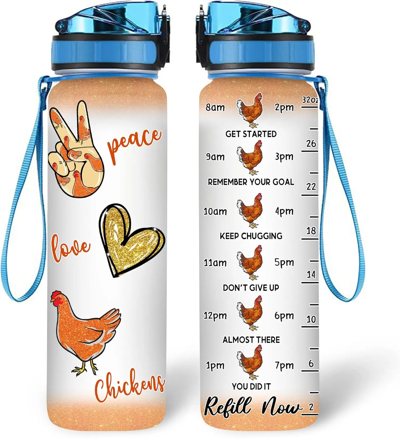 Hyturtle Personalized Chicken Gift For Women - Peace Love Chicken Customized Name 32oz 1Liter Motivational Water Bottle, Animal Farm lovers Gift For Mom Girl Women On Christmas, Birthday