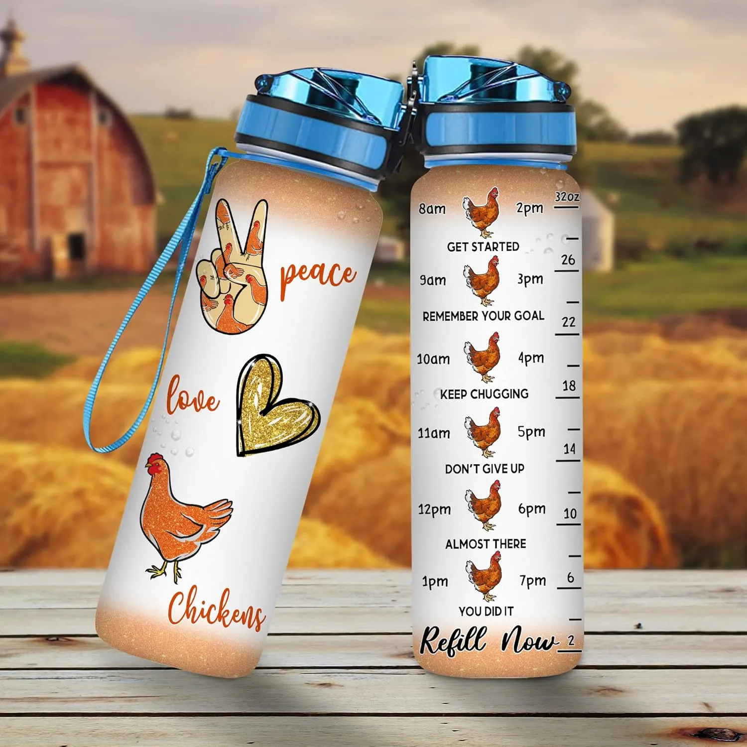 Hyturtle Personalized Chicken Gift For Women - Peace Love Chicken Customized Name 32oz 1Liter Motivational Water Bottle, Animal Farm lovers Gift For Mom Girl Women On Christmas, Birthday