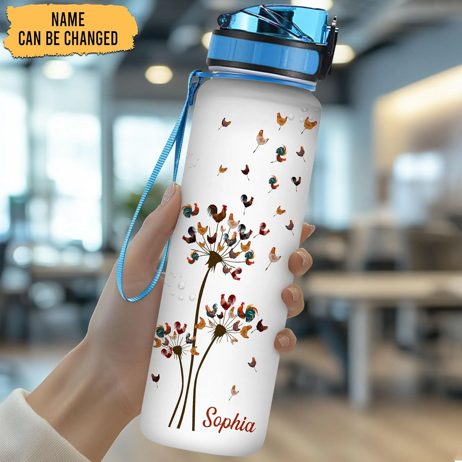 Hyturtle Personalized Chicken Lovers Gift For Women - Dandelion Chicken Customized Name 32oz 1Liter Motivational Water Bottle, Animal Farm lovers, Gift For Mom Girl Women On Christmas, Birthday