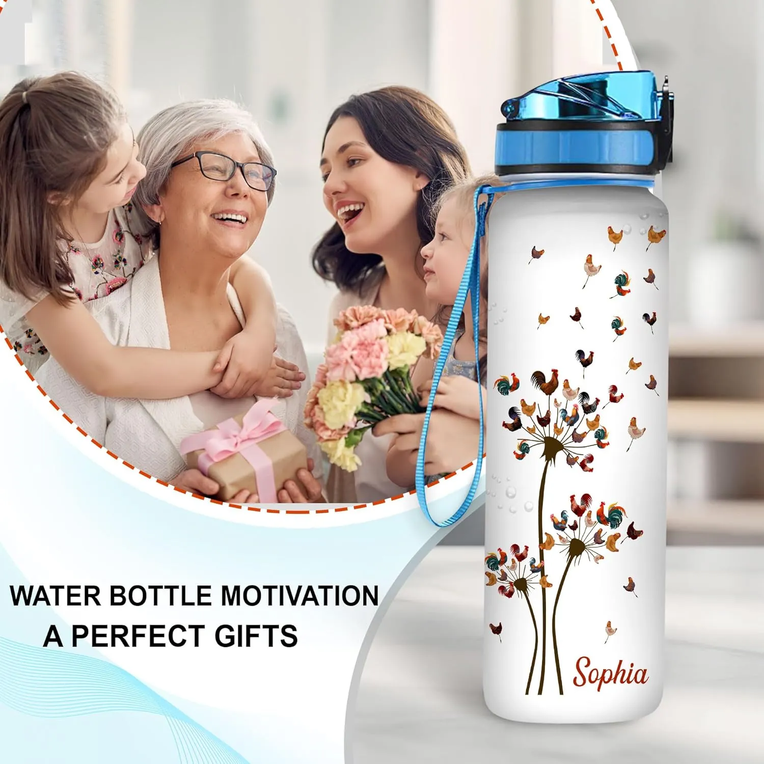 Hyturtle Personalized Chicken Lovers Gift For Women - Dandelion Chicken Customized Name 32oz 1Liter Motivational Water Bottle, Animal Farm lovers, Gift For Mom Girl Women On Christmas, Birthday