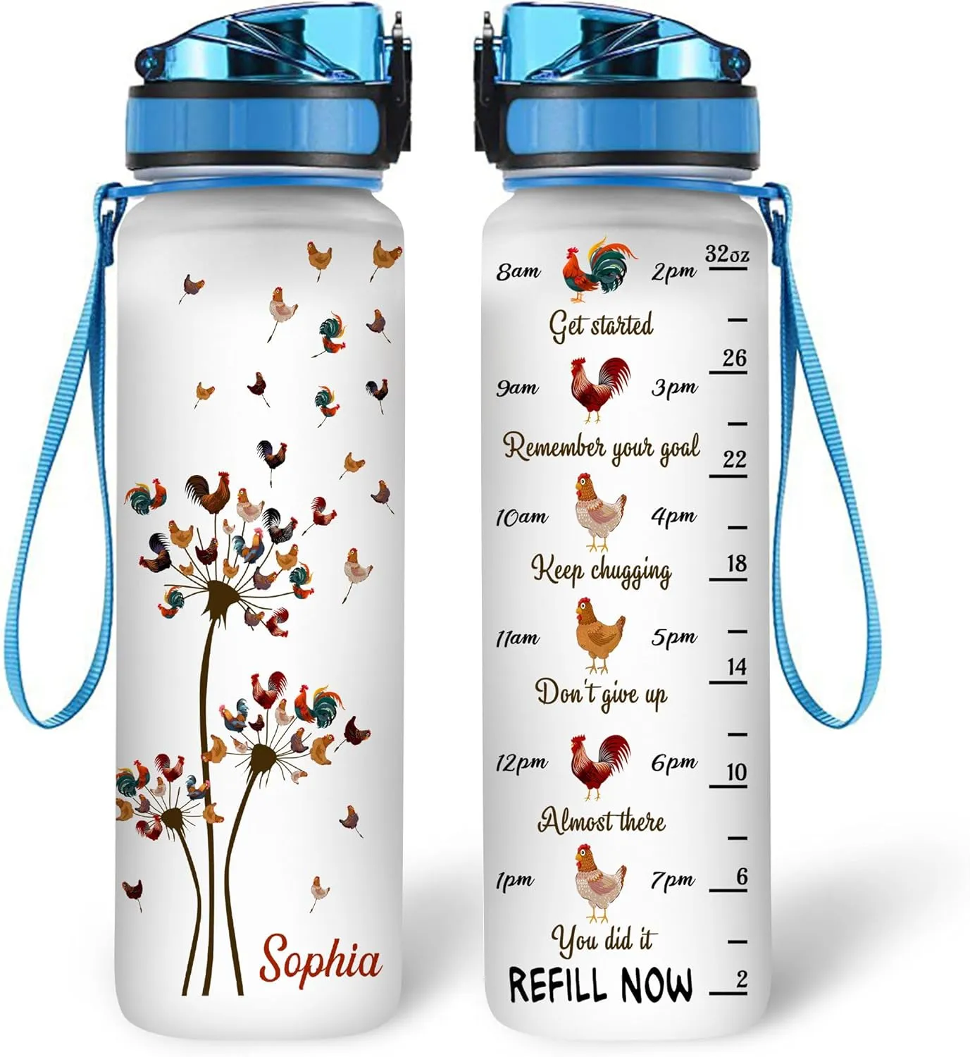 Hyturtle Personalized Chicken Lovers Gift For Women - Dandelion Chicken Customized Name 32oz 1Liter Motivational Water Bottle, Animal Farm lovers, Gift For Mom Girl Women On Christmas, Birthday
