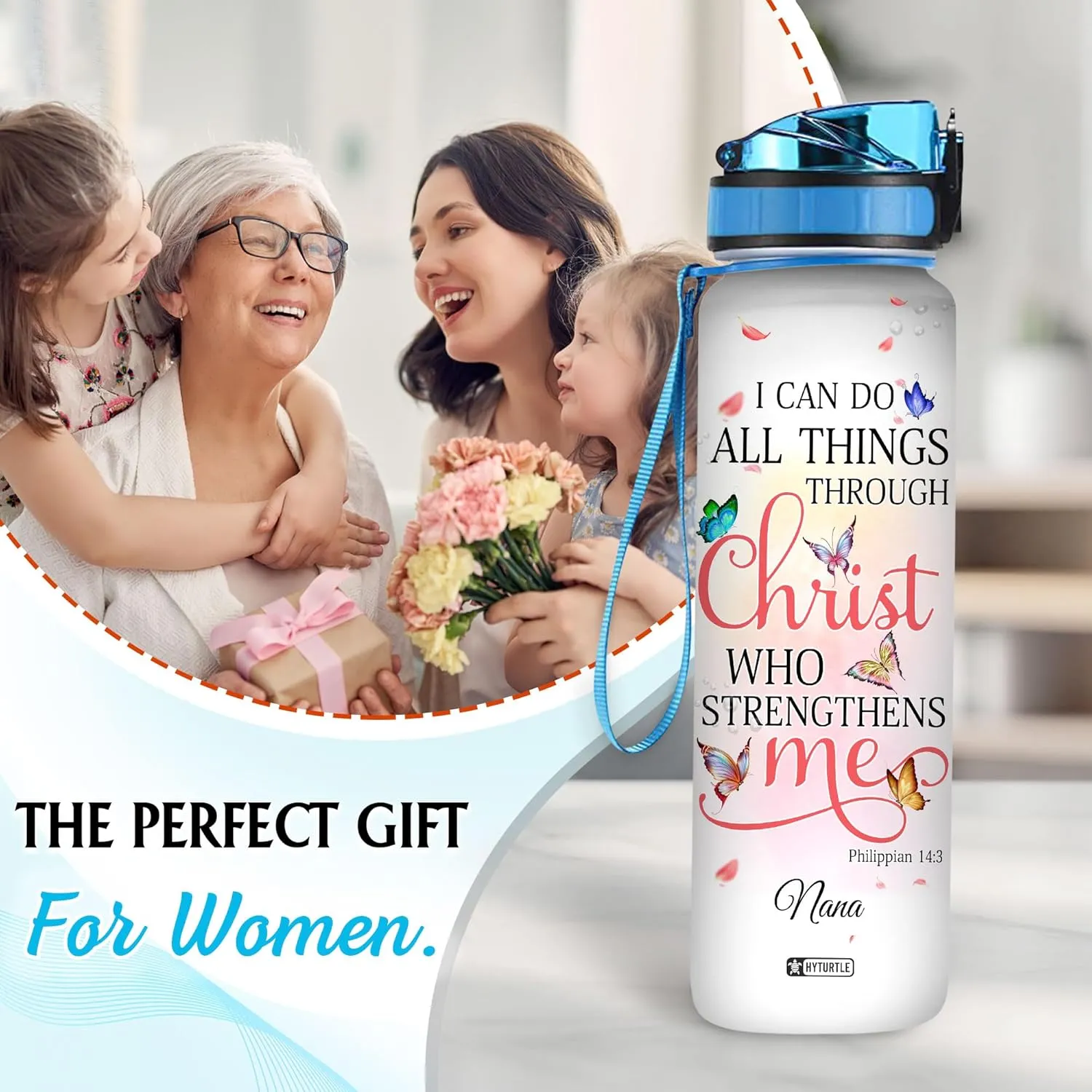 Hyturtle Personalized Christian Water Bottle - 32oz Motivational Faith-Inspired Travel Bottle with Leak-Proof Lid Time Marker - Custom Name Gift for Christian Women - Birthday & Christmas Gift