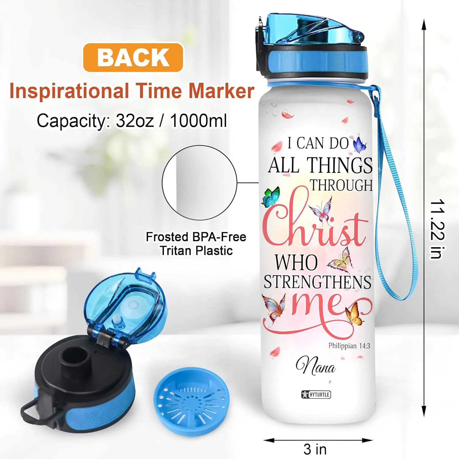 Hyturtle Personalized Christian Water Bottle - 32oz Motivational Faith-Inspired Travel Bottle with Leak-Proof Lid Time Marker - Custom Name Gift for Christian Women - Birthday & Christmas Gift