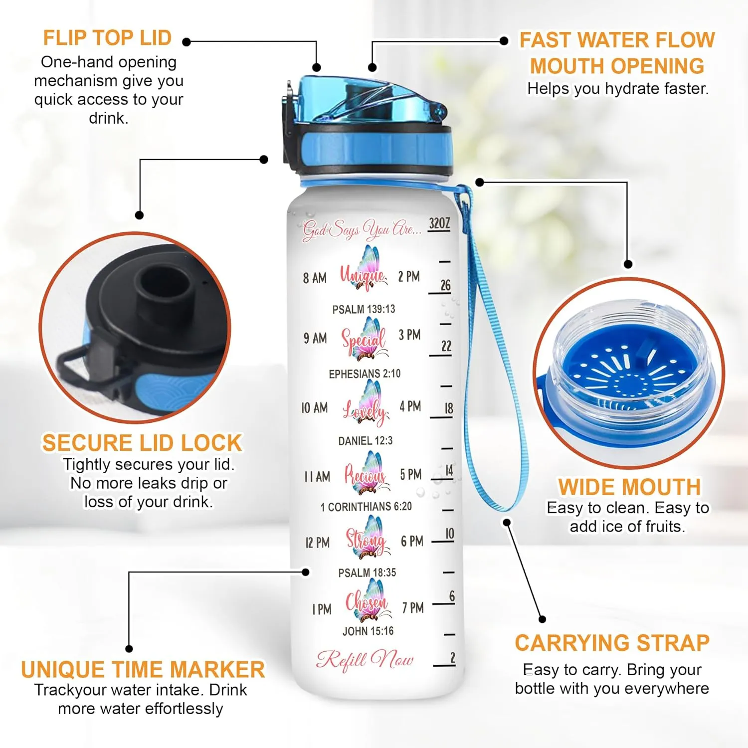 Hyturtle Personalized Christian Water Bottle - 32oz Motivational Faith-Inspired Travel Bottle with Leak-Proof Lid Time Marker - Custom Name Gift for Christian Women - Birthday & Christmas Gift