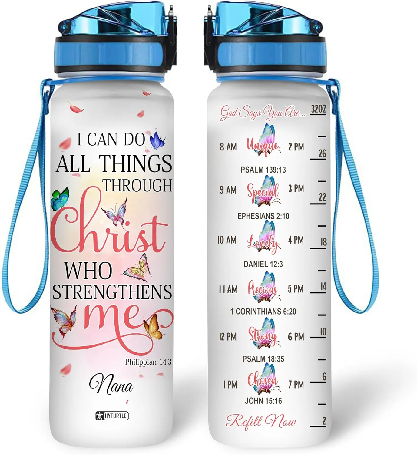Hyturtle Personalized Christian Water Bottle - 32oz Motivational Faith-Inspired Travel Bottle with Leak-Proof Lid Time Marker - Custom Name Gift for Christian Women - Birthday & Christmas Gift
