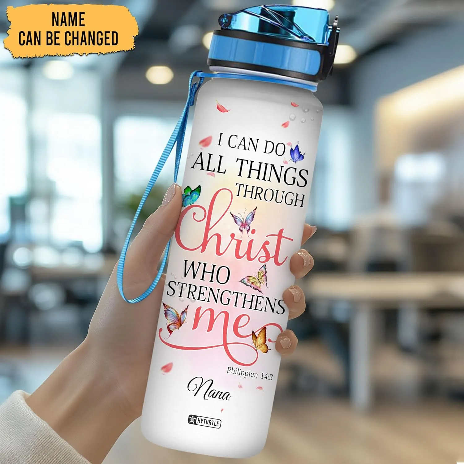 Hyturtle Personalized Christian Water Bottle - 32oz Motivational Faith-Inspired Travel Bottle with Leak-Proof Lid Time Marker - Custom Name Gift for Christian Women - Birthday & Christmas Gift