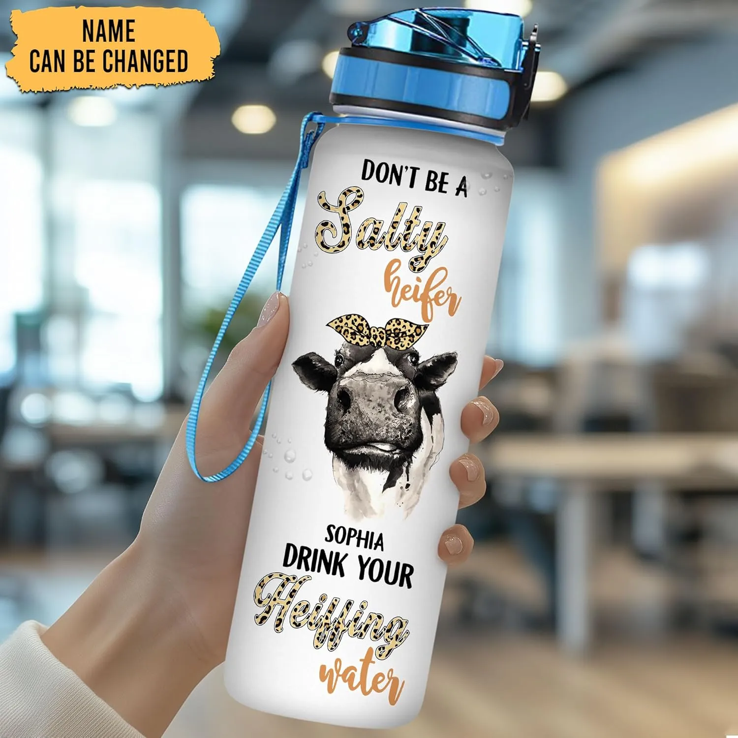 Hyturtle Personalized Don't Be A Salty Heifer 32Oz Liter Motivational Water Bottle With Time Marker, Customized Cow Lover Gifts For Women On Birthday