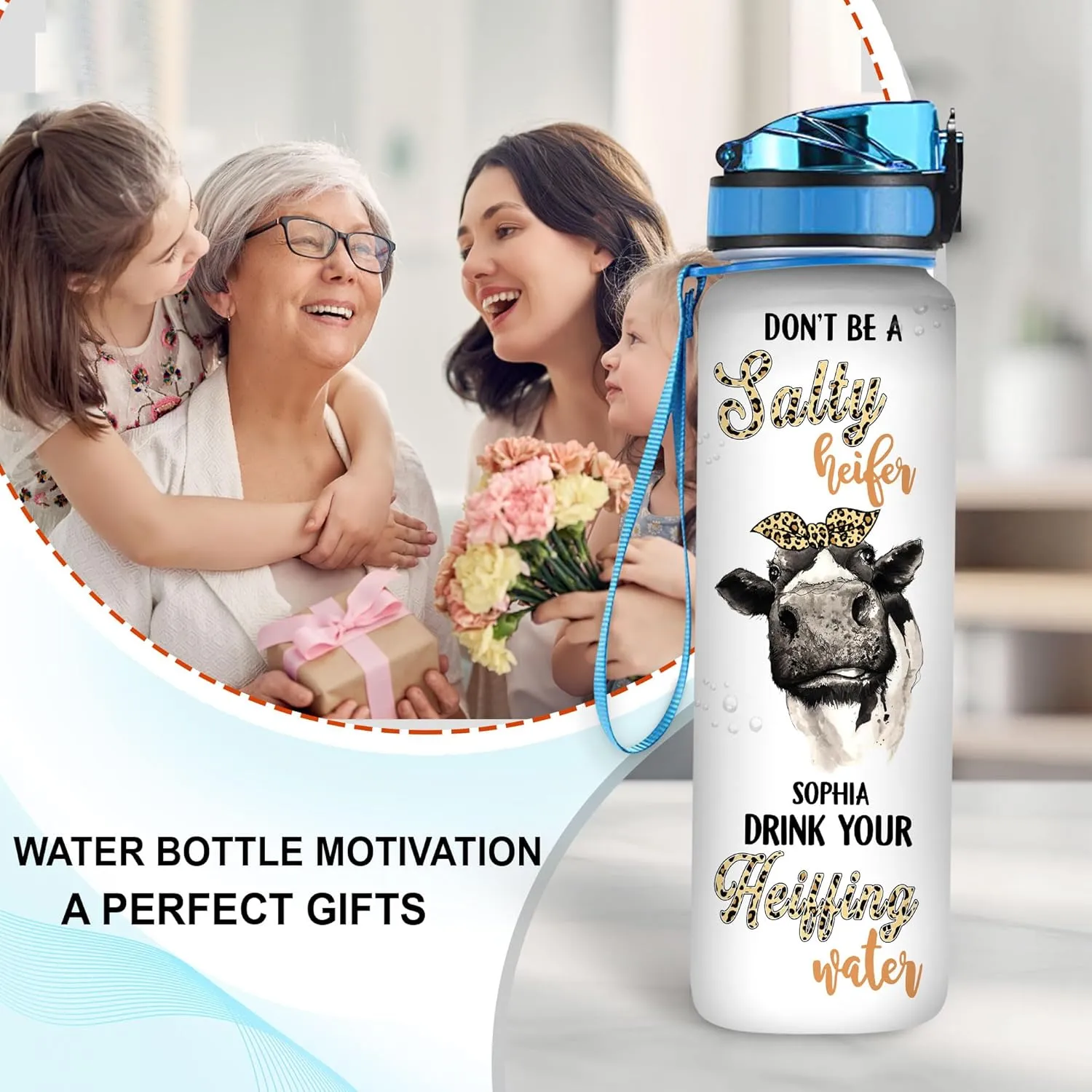 Hyturtle Personalized Don't Be A Salty Heifer 32Oz Liter Motivational Water Bottle With Time Marker, Customized Cow Lover Gifts For Women On Birthday