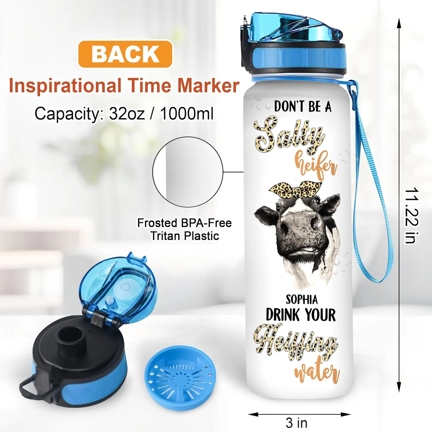Hyturtle Personalized Don't Be A Salty Heifer 32Oz Liter Motivational Water Bottle With Time Marker, Customized Cow Lover Gifts For Women On Birthday