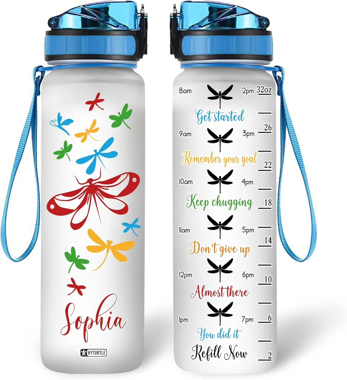 Hyturtle Personalized Dragonfly 32Oz Liter Motivational Water Bottle, Customized Name With Time Marker, Gifts For Women Girls Family Friend Dragonfly Lover On Birthday Mother's Day Anniversary