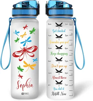 Hyturtle Personalized Dragonfly 32Oz Liter Motivational Water Bottle, Customized Name With Time Marker, Gifts For Women Girls Family Friend Dragonfly Lover On Birthday Mother's Day Anniversary