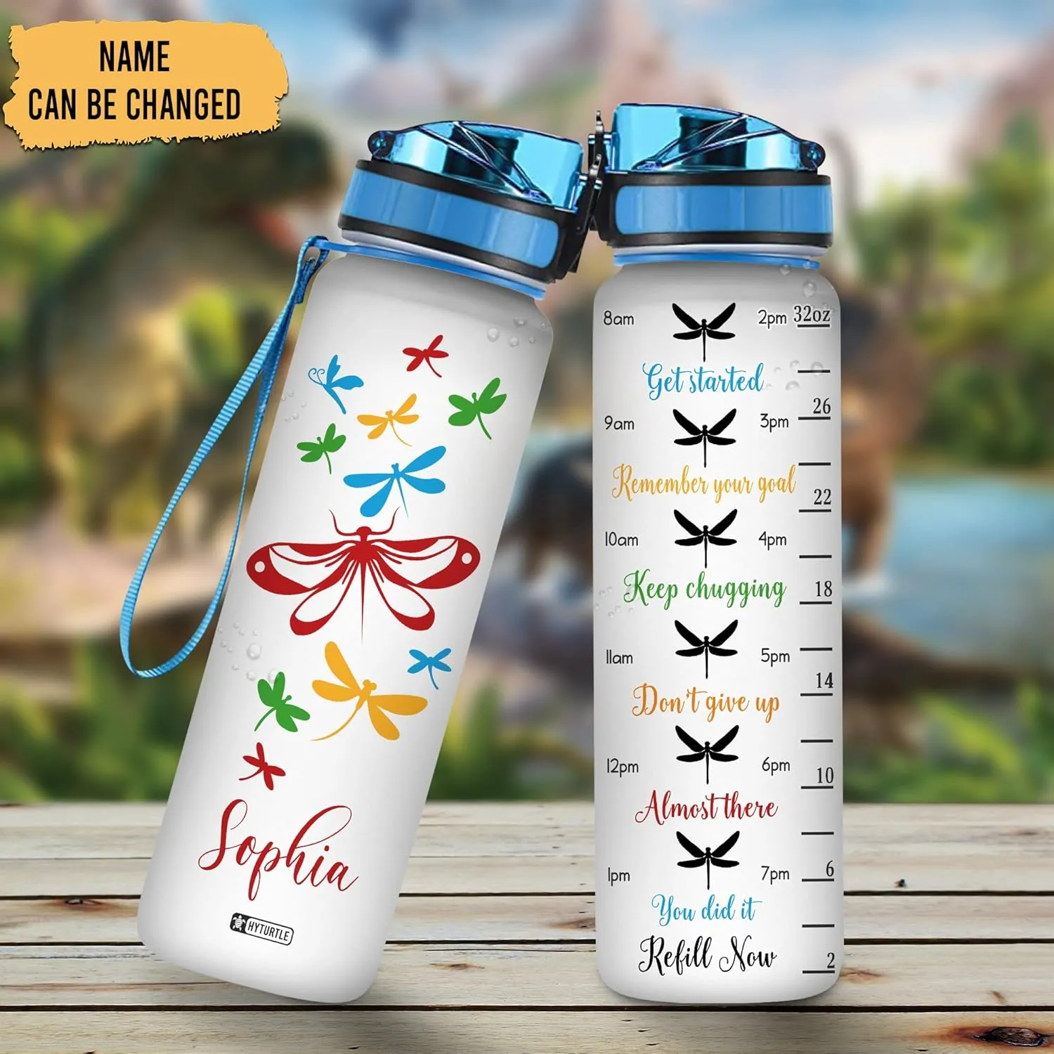 Hyturtle Personalized Dragonfly 32Oz Liter Motivational Water Bottle, Customized Name With Time Marker, Gifts For Women Girls Family Friend Dragonfly Lover On Birthday Mother's Day Anniversary