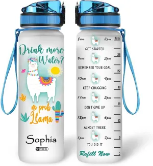 Hyturtle Personalized Drink More Water No Prob Llama 32Oz Liter Motivational Water Bottle, Customized Name With Time Marker, Gifts For Women Girls Llama Lovers On Birthday Mother's Day