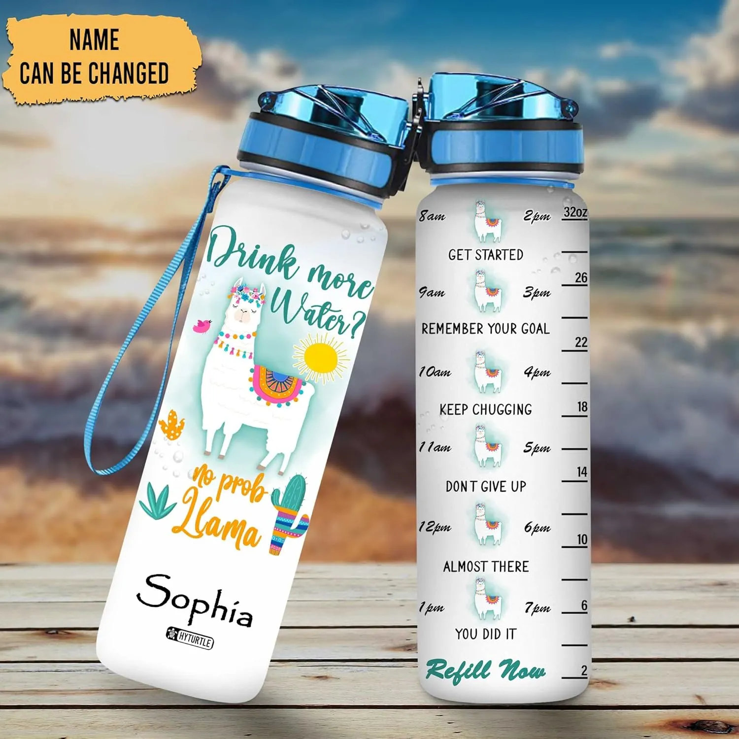 Hyturtle Personalized Drink More Water No Prob Llama 32Oz Liter Motivational Water Bottle, Customized Name With Time Marker, Gifts For Women Girls Llama Lovers On Birthday Mother's Day