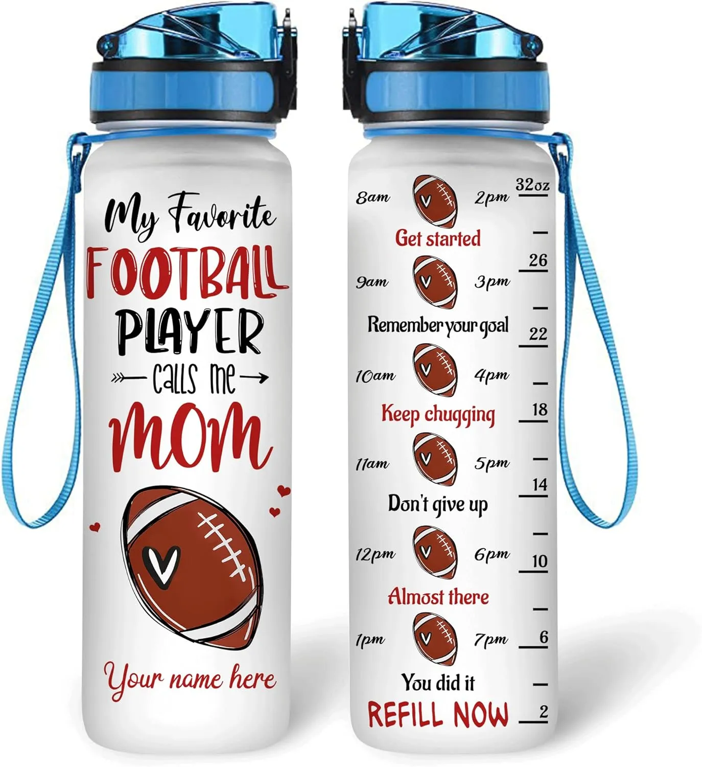 Hyturtle Personalized Football Mom 32Oz Liter Motivational Water Bottle, Customized Name With Time Marker, Gifts For Women Girls Boys Friends Football Fan Lovers On Birthday Anniversary Mother's Day