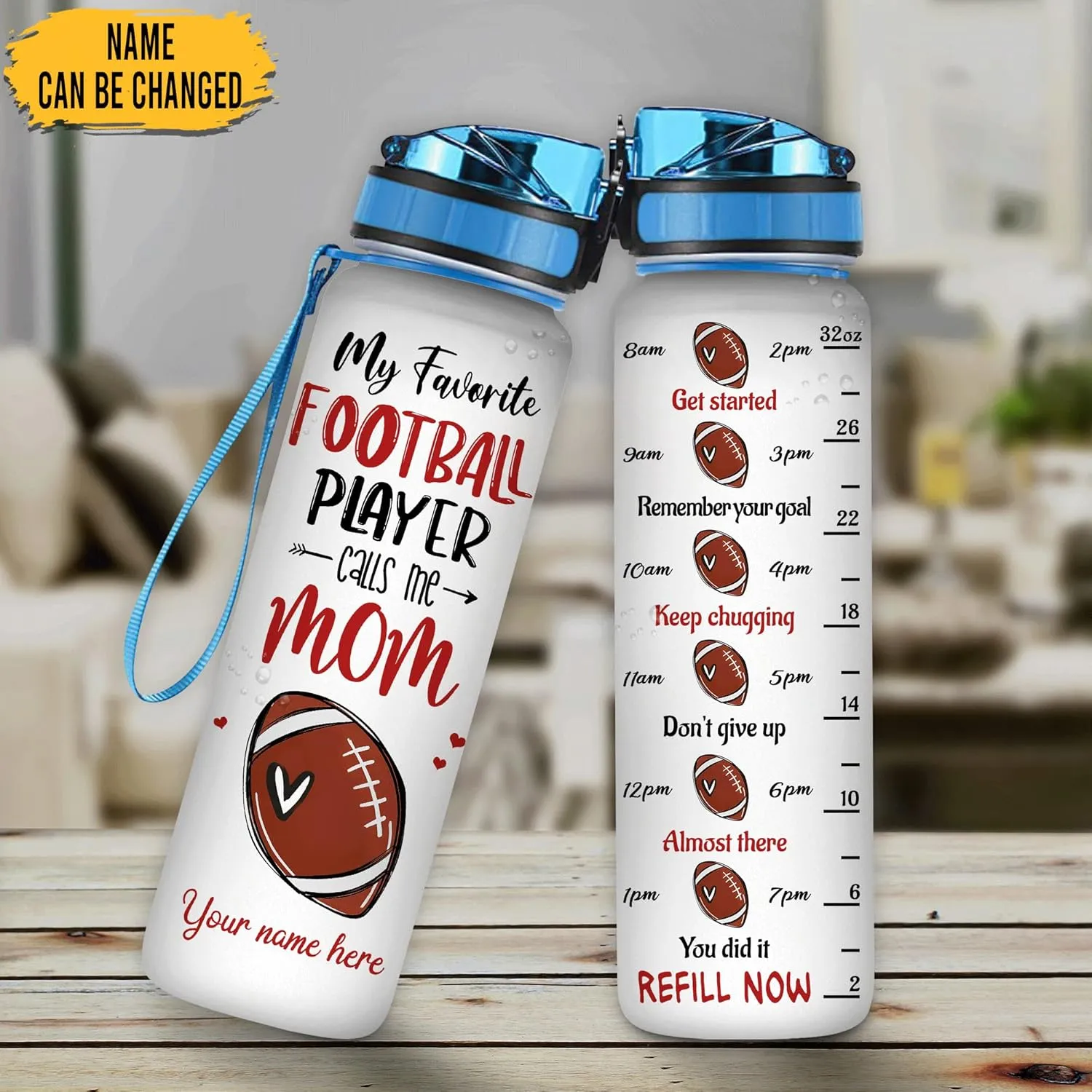 Hyturtle Personalized Football Mom 32Oz Liter Motivational Water Bottle, Customized Name With Time Marker, Gifts For Women Girls Boys Friends Football Fan Lovers On Birthday Anniversary Mother's Day