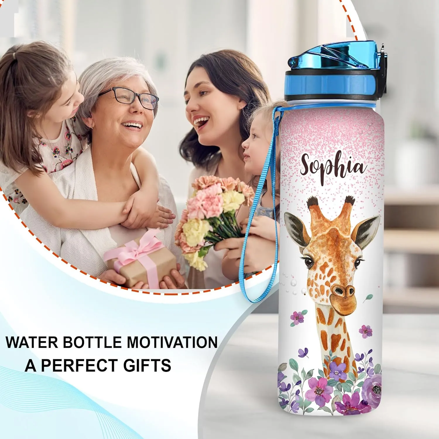 Hyturtle Personalized Giraffe Gifts For Women - Giraffe Face Customized Name 32oz 1Liter Motivational Water Bottle, Yoga Lovers Gift For Mom Girl Women On Christmas, Birthday